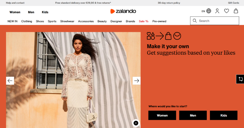 Giao diện trang mua sắm thời trang Zalando